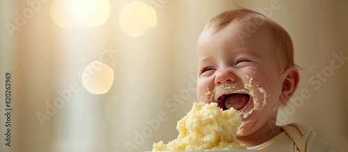 Tiny Tastes ThreeMonthOld Baby Savoring Mashed Potatoes with Pure Joy and Laughter photo