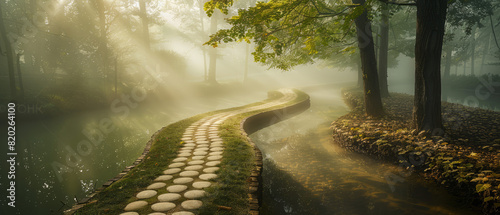 Award Winning national geographic Leading line, a winding pathway of smooth river stones disappears into a tranquil, whimsical, ist forest shrouded in cool morning mist Soft, diffu photo