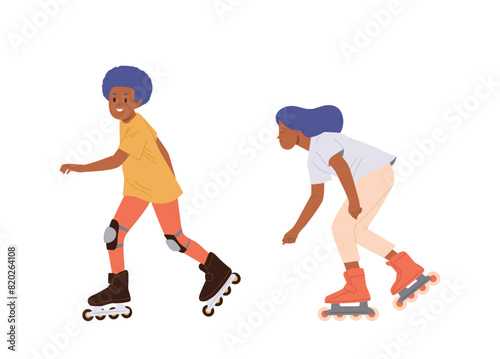 Happy preteen children cartoon boy and girl characters riding rollers enjoying training lesson