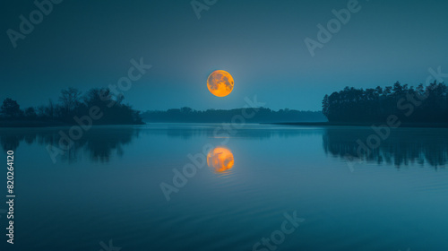 Award Winning National Geographic Leading lines  photograph of a bright  full moon casting its reflection over a still lake  minimalist  plain midnight blue background  ultra reali