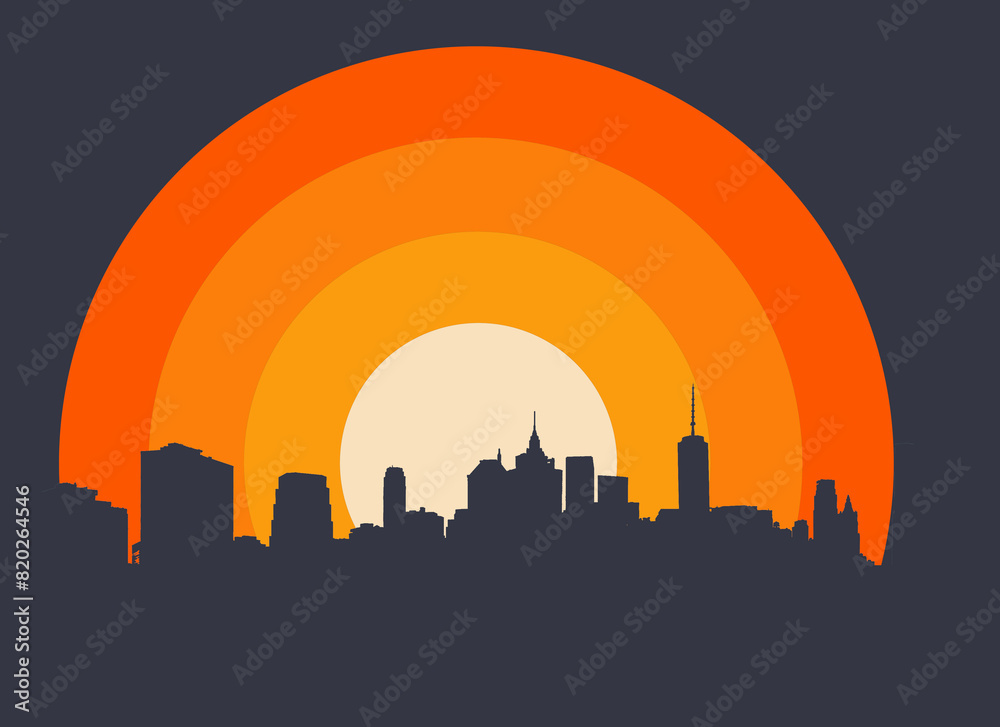 The New York City skyline is seen in front of a graphic concentric circle sunset design.