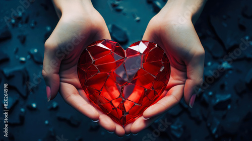 Woman's hands are holding a red broken glass heart. A shattered heart symbolizing heartbreak, broken relationship and emotional pain. Love, broken heart and Valentines day theme