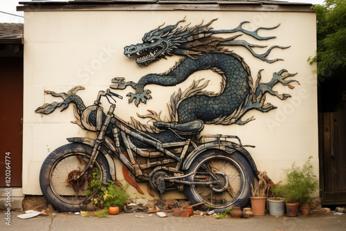 A motorcycle adorned with a vibrant dragon motif on its side, displaying intricate automotive design and artistic flair, blending elements of power and creativity