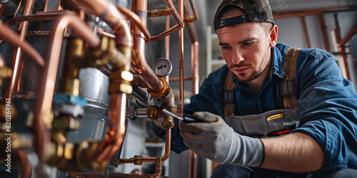 Wallpaper Mural An expert plumber meticulously repairs copper pipes in an industrial boiler room, ensuring the smooth operation of the heating system with precision and expertise Torontodigital.ca