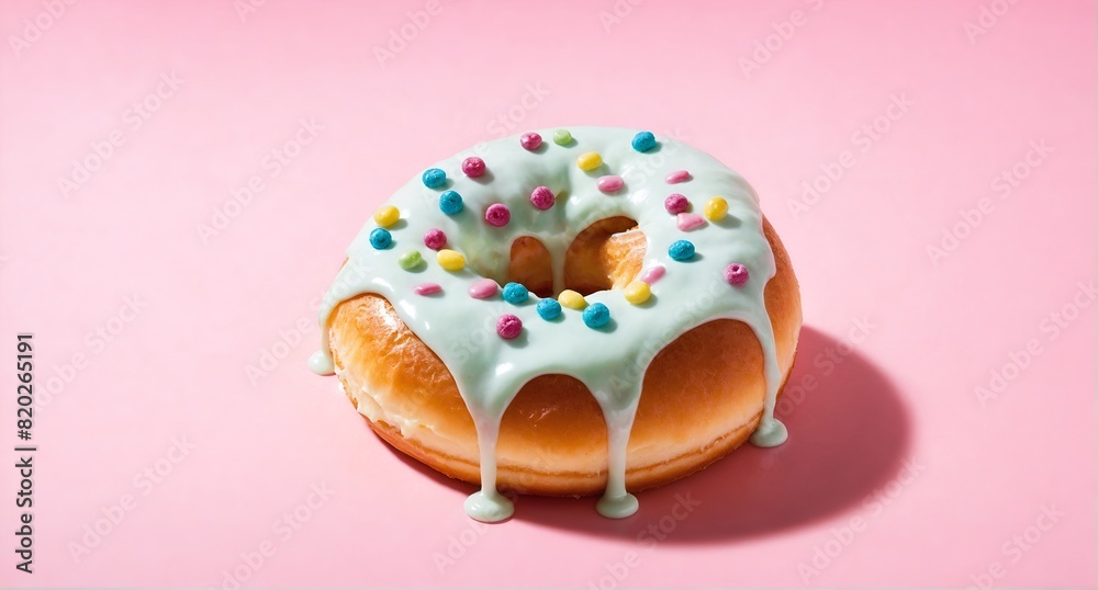 Tasty donut dessert with glossy glaze and sprinkles, on pink Tasty donut dessert with glossy glaze and sprinkles, on pink