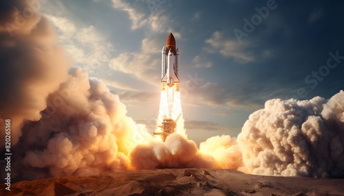 rocket taking off into space with the clouds and smoke visible in the background