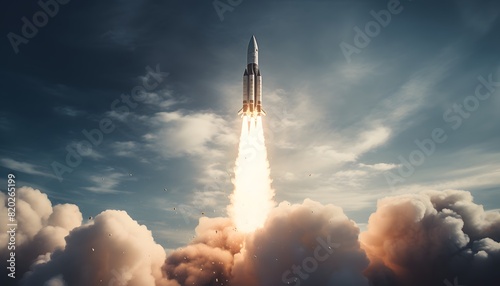 rocket taking off into space with the clouds and smoke visible in the background