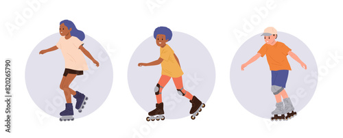 Happy active children rollerblading enjoying freestyle riding isolated round composition set