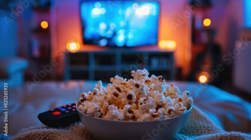 Close up of bowl of popcorn and remote control with tv works on background. Evening cozy watching a movie or TV series at home. 