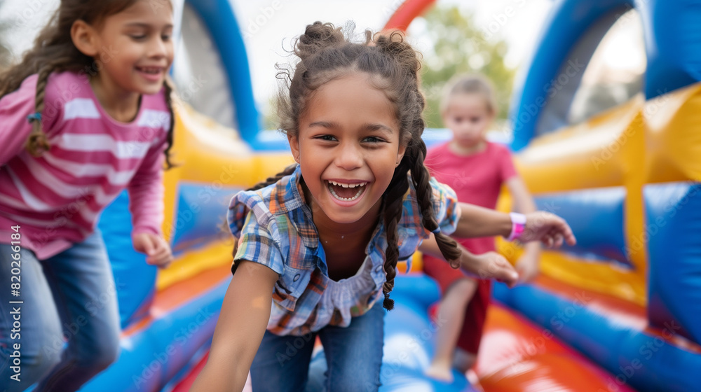 Two Young Girls Playing in a Bouncy Castle Two Young Girls Playing in a Bouncy Castle
