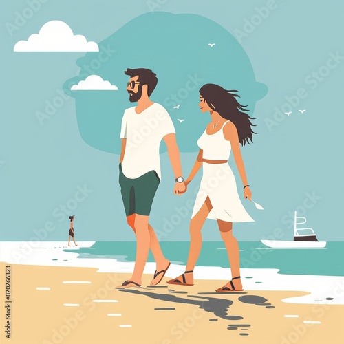 cartoon couple walking on the beach on a hot day 