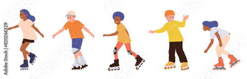 Happy active children cartoon characters riding roller-skates set isolated on white background