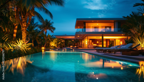 A luxurious modern villa with an infinity pool  surrounded by tropical landscaping and illuminated