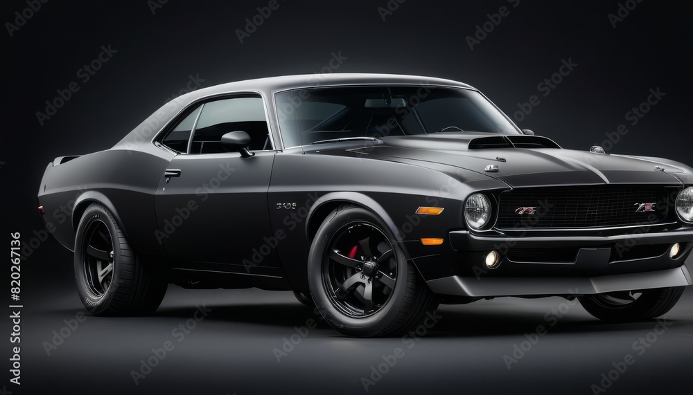 A vintage matte black muscle car, the iconic 1970's design with 350 markings, and modern wheels.
