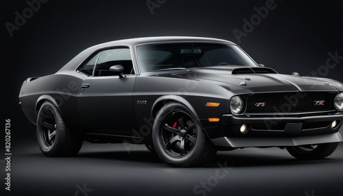 A vintage matte black muscle car, the iconic 1970's design with 350 markings, and modern wheels.
