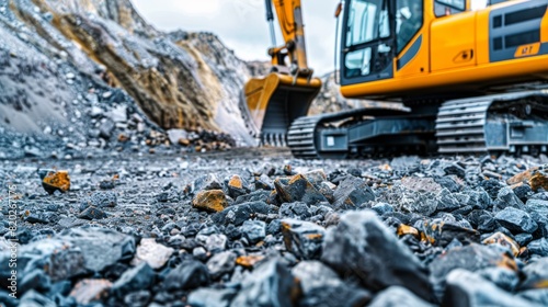 Heavy mining excavator, close-up, against the background of rock stone crushing equipment and photo