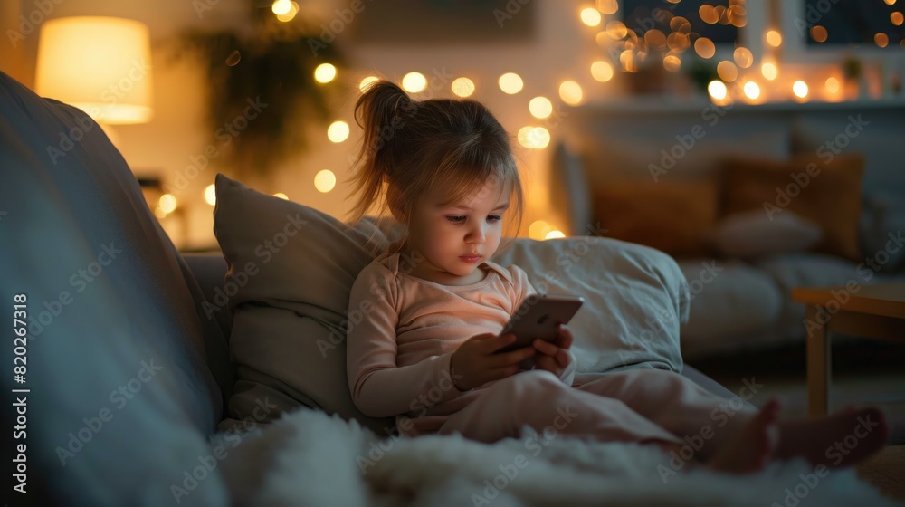 The little asian girl is staring at a cellphone