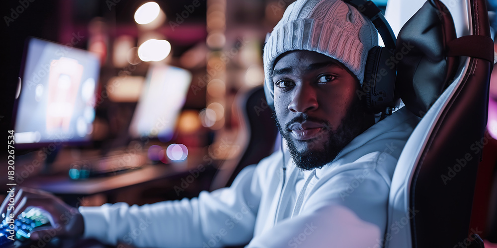 African American man in a beanie and sweatshirt gaming in a comfortable chair African American man in a beanie and sweatshirt gaming in a comfortable chair