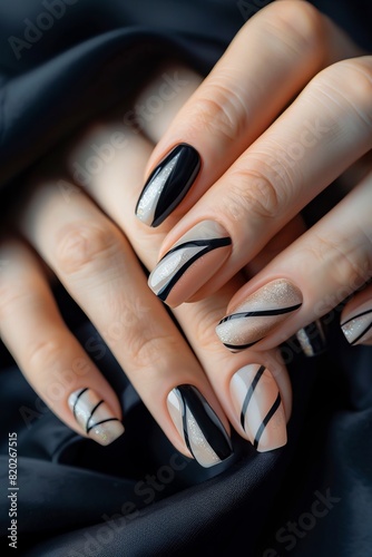 A woman with black and white nails with a black and silver stripe. © VISUAL BACKGROUND