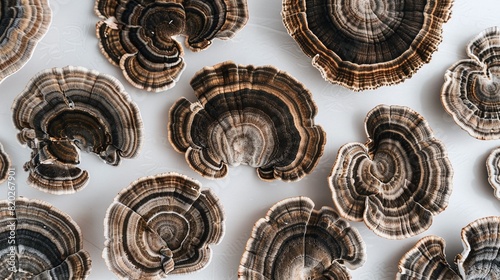 Turkey tail mushrooms on a white background. Flat lay composition for design and print photo