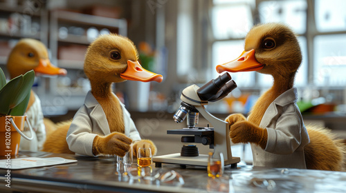 Award Winning National Geographic Minimal style, 3D ducks in environmental science lab coats, testing water quality, one duck peering into a microscope, plain research facility bac photo