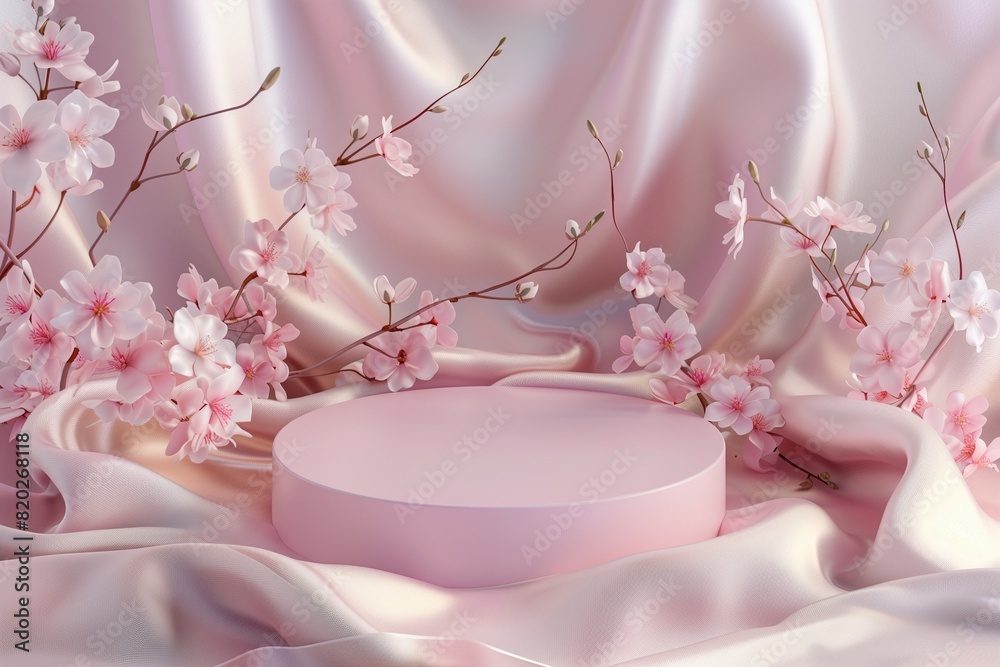 A modern 3D background featuring a pink podium surrounded by delicate Sakura flowers on a pastel silk cloth. A modern 3D background featuring a pink podium surrounded by delicate Sakura flowers on a pastel silk cloth.
