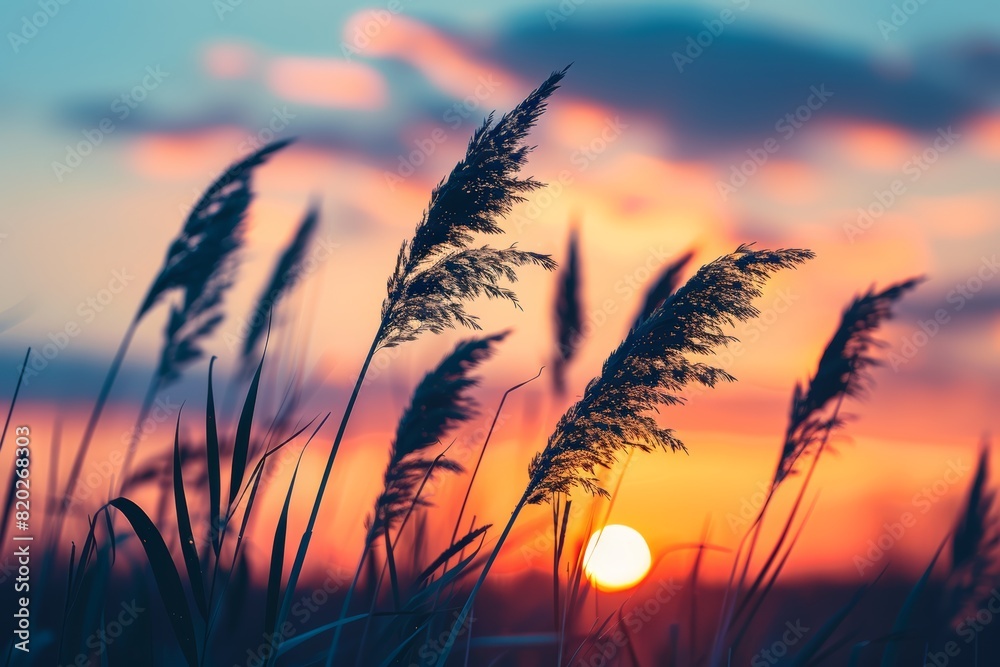 Field of Tall Grass Swaying at Sunset with Vibrant Colors Field of Tall Grass Swaying at Sunset with Vibrant Colors