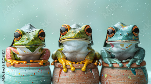 Award Winning National Geographic Minimal style, 3D frogs in rain hats painting with watercolors, one accidentally blending into its artwork, plain artistic aqua background, right