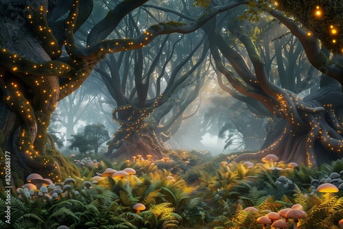 A mystical enchanted forest with ancient  towering trees  their branches intertwined  casting dappled light on the forest floor covered in soft  glowing mushrooms and vibrant ferns.