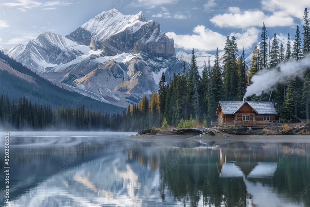 A serene mountain lake reflecting the surrounding snow-capped peaks and lush pine forests, with a small wooden cabin on the shore, smoke gently rising from its chimney. A serene mountain lake reflecting the surrounding snow-capped peaks and lush pine forests, with a small wooden cabin on the shore, smoke gently rising from its chimney.