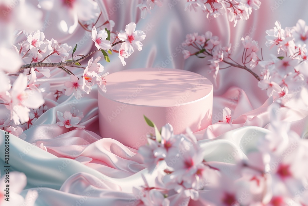 A sophisticated 3D scene featuring a pink podium surrounded by blooming Sakura flowers on a pastel silk cloth.modern and elegant vibe. A sophisticated 3D scene featuring a pink podium surrounded by blooming Sakura flowers on a pastel silk cloth.modern and elegant vibe.