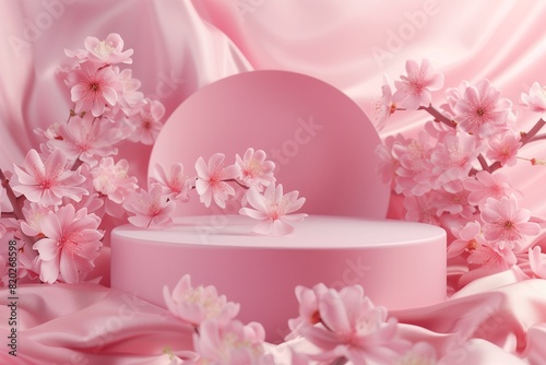 A sophisticated 3D scene featuring a pink podium surrounded by blooming Sakura flowers on a pastel silk cloth. 