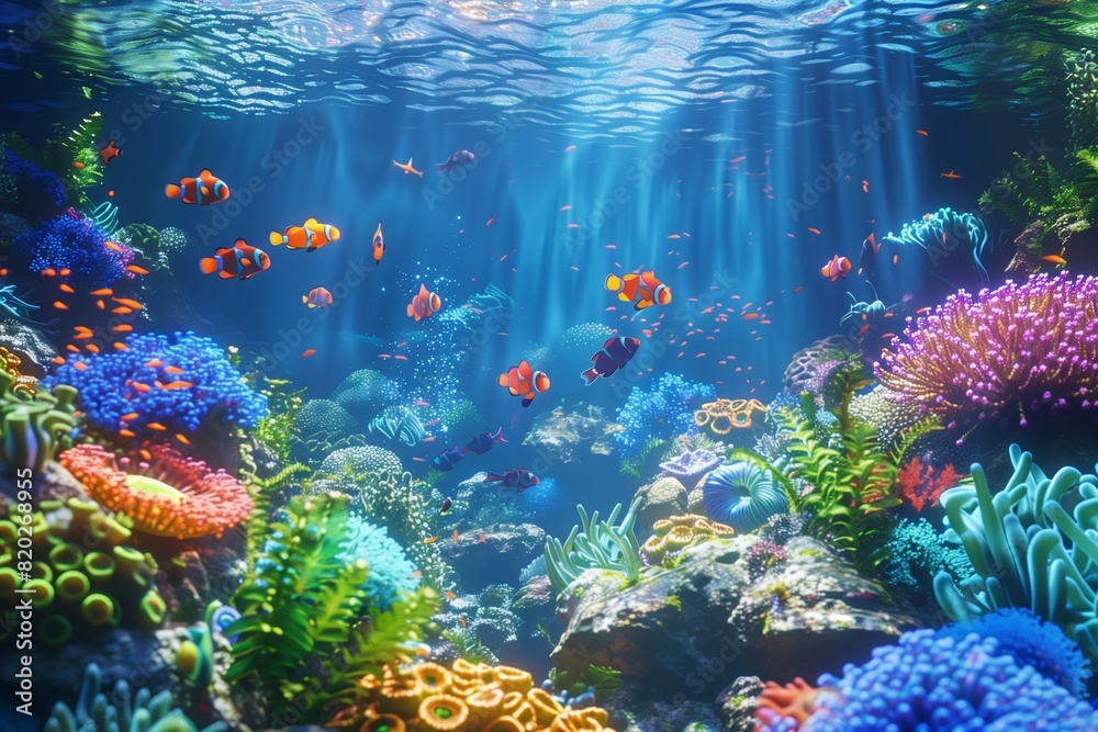 Naklejka premium A vibrant coral reef teeming with colorful fish, anemones, and sea plants, illuminated by sunlight streaming through the clear blue water, creating a mesmerizing underwater scene.