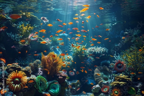 A vibrant coral reef teeming with colorful fish  anemones  and sea plants  illuminated by sunlight streaming through the clear blue water  creating a mesmerizing underwater scene.
