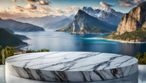 white marble table top with copy space for product advertising, overlooking a serene blue sea and a clear sky, perfect for summer-themed promotions or travel advertisements