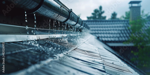 Modern roof gutter system efficiently channels rainwater on a rainy day, exemplifying functionality and resilience in inclement weather photo