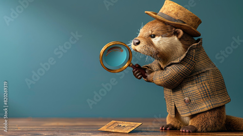 Award Winning National Geographic Minimal style, 3D otters in detective gear, one inspecting a clue with a magnifying glass, plain mystery blue background, right in frame These sle