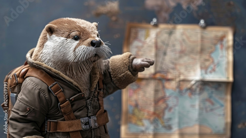 Award Winning National Geographic Minimal style, 3D otters in maritime research gear, studying marine charts, one otter pointing at a sea route, plain nautical navy background, rig