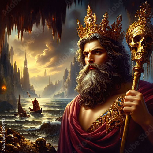 Hades Greek god of the underworld. Ruler over death and the dead. Brother of Zeus and Poseidon. God of Olympus. Ancient Greek mythology. Charon the ferryman. Generative AI photo