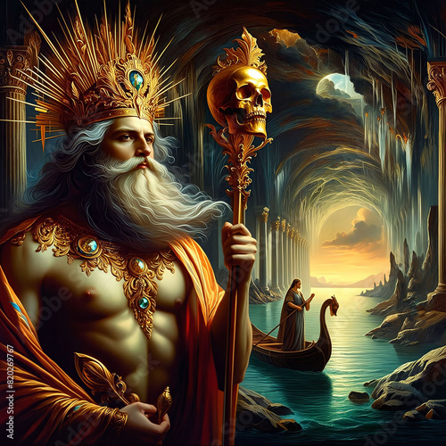 Hades Greek god of the underworld. Ruler over death and the dead. Brother of Zeus and Poseidon. God of Olympus. Ancient Greek mythology. Charon the ferryman. Generative AI photo