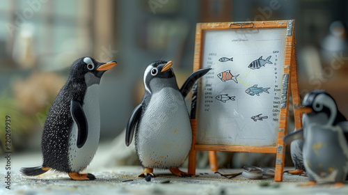 Award Winning National Geographic Minimal style, 3D penguins in business suits having a board meeting, one pointing at a flip chart with fish drawings, plain corporate gray backgro