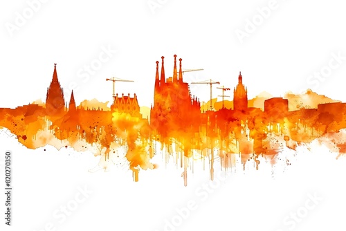 architecture illustration, simple watercolor of Barcelona skyline, line art, Spain romantic vacation banner, tour sightseeing wallpaper, travel time in Europe