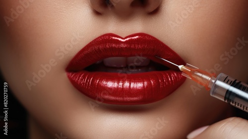 A woman with red lips getting a botox injection during a cosmetic procedure