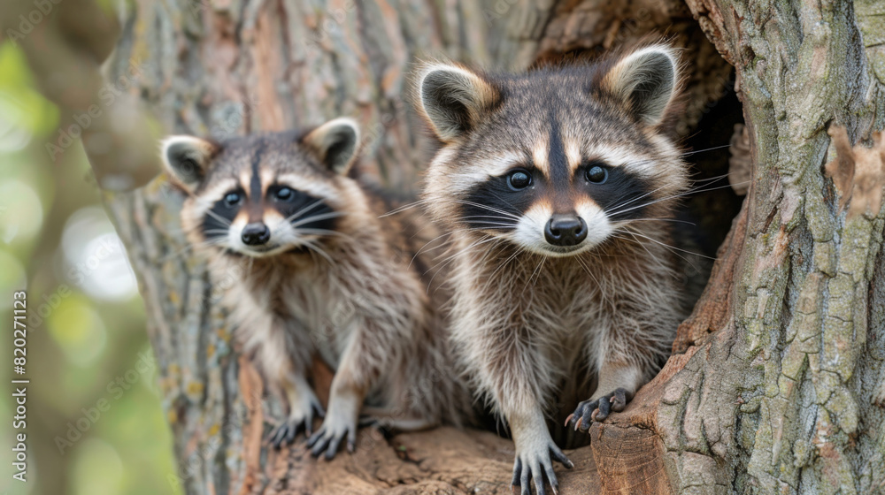 Award Winning national geographic Minimal style, the rule of thirds On the right third of the frame, 3D curious baby raccoons peering out from a hollow tree, one baby raccoon cauti Award Winning national geographic Minimal style, the rule of thirds On the right third of the frame, 3D curious baby raccoons peering out from a hollow tree, one baby raccoon cauti