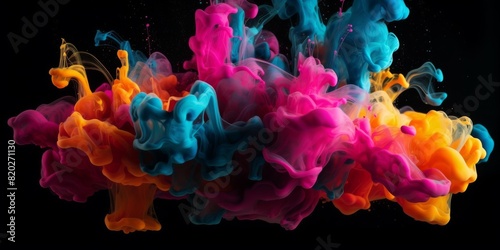 Paint Ink drop in water, Motion color explosion smoke, Blue pink color fluid splash vapor cloud on glitter dust texture black abstract art background. High quality photo