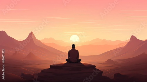 A middle aged man practicing yoga in a desert at dawn, with sand dunes stretching out into the horizon and a soft pink sky photo