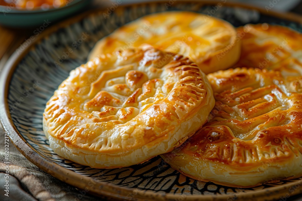 A plate of pies with sauce on it.