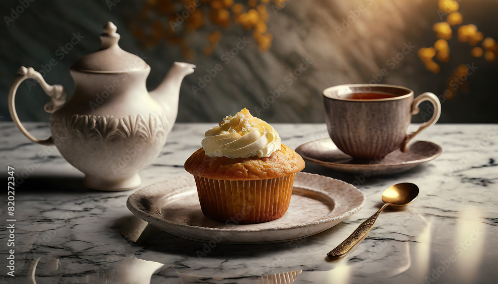 Tasty cupcakes with cream, teapot and cup of tea on marble table. Bakery food, sweet homemade dessert. Tasty cupcakes with cream, teapot and cup of tea on marble table. Bakery food, sweet homemade dessert.