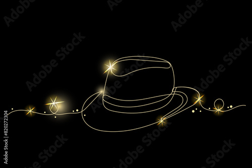 Line Art fedora Hat with Gold Glitter Stars. Luxury Rich Glamour Invitation Card Template. fedora Hat Isolated on Black. Shine Gold Light Texture Effect. Glowing Blink Star Symbol Element Gift.