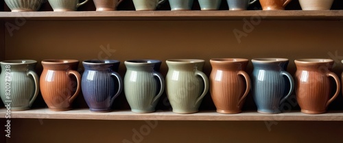 A neatly organized collection of ceramic mugs in various colors and finishes displayed on wooden shelves.